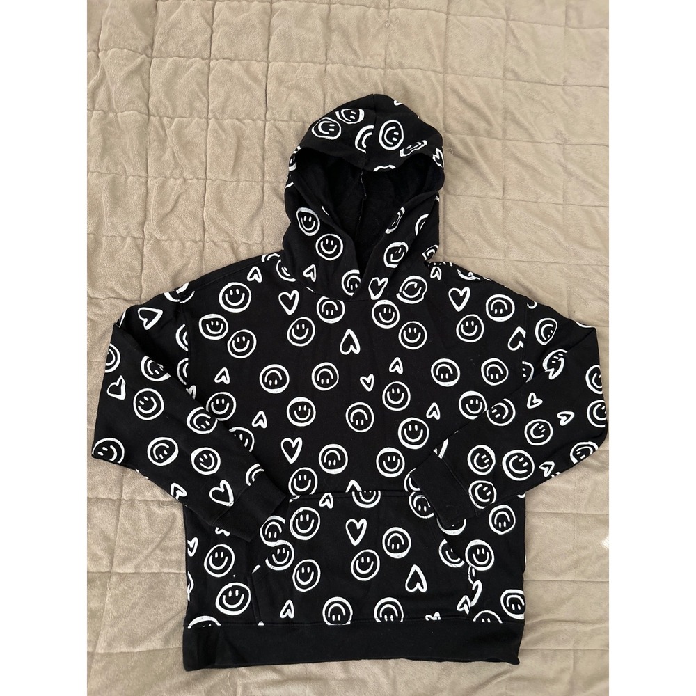 Wonder Nation Boys Black Smiley Face Heart Print Hoodie Sweatshirt L 18